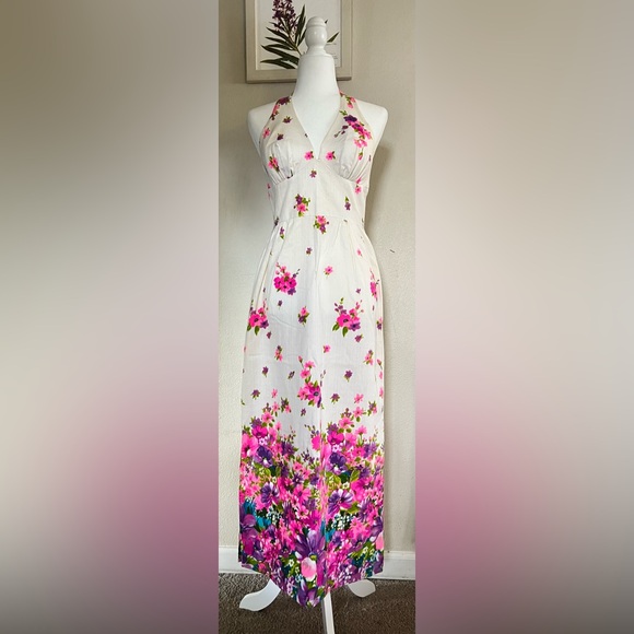 60s/70s Floral Halter Maxi Dress - White and Pink - Picture 1 of 9